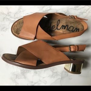 Sam Edelman gold block heel faux leather sandals